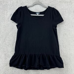 LEIFNOTES Top Women S Black Crew Neck Rushed Short Cap Sleeves Tiered Hem Casual